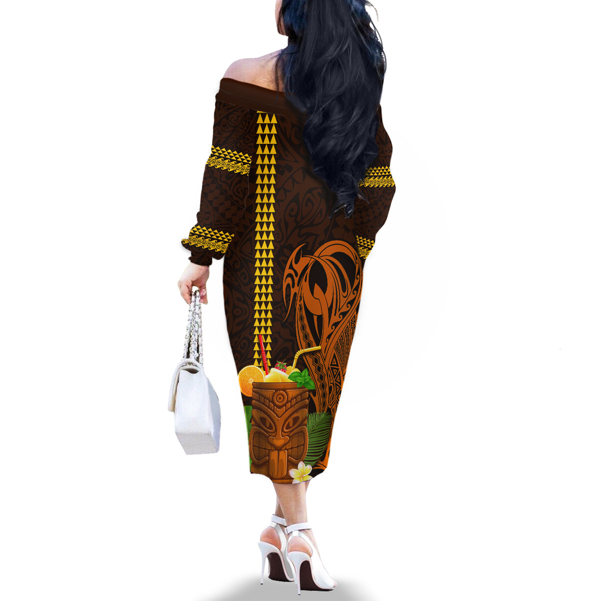 Hawaii Tiki Mask Cocktail Family Matching Off Shoulder Long Sleeve Dress and Hawaiian Shirt Kakau Tattoo LT03 - Polynesian Pride