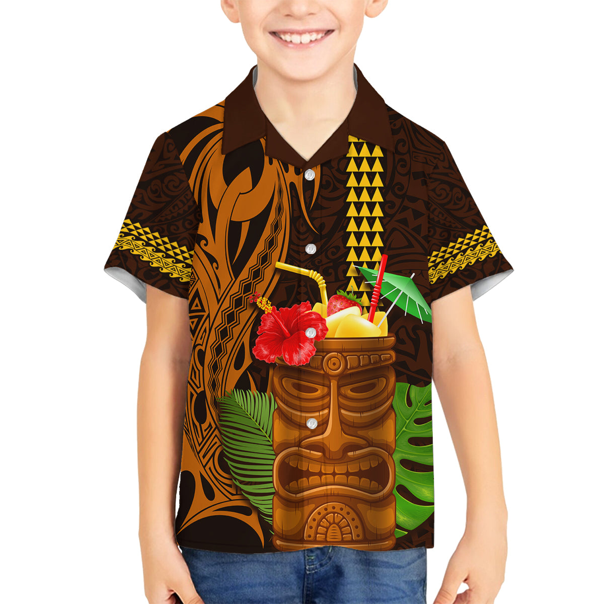 Hawaii Tiki Mask Cocktail Family Matching Tank Maxi Dress and Hawaiian Shirt Kakau Tattoo LT03 Son's Shirt Brown - Polynesian Pride