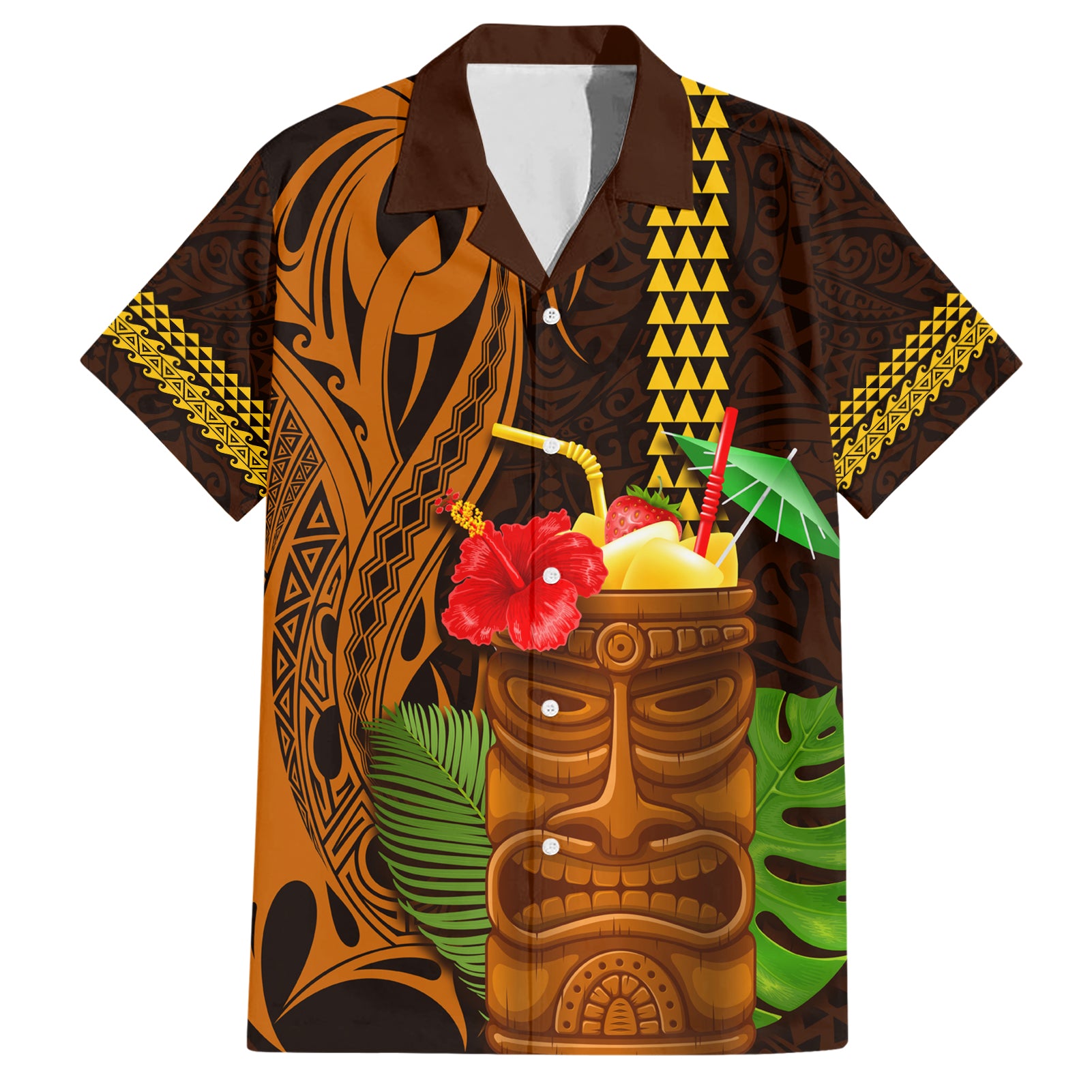 Hawaii Tiki Mask Cocktail Hawaiian Shirt Kakau Tattoo LT03 Brown - Polynesian Pride