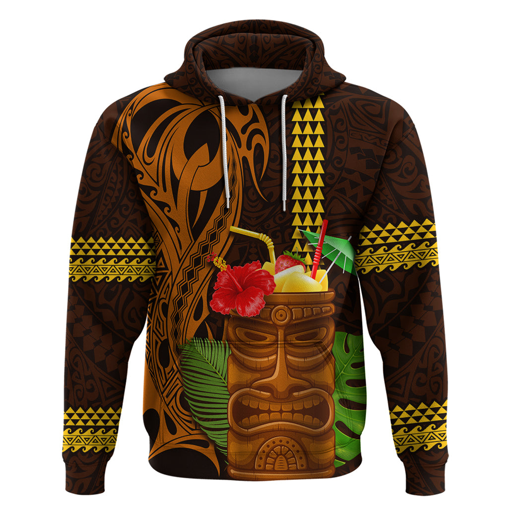 Hawaii Tiki Mask Cocktail Hoodie Kakau Tattoo LT03 Pullover Hoodie Brown - Polynesian Pride