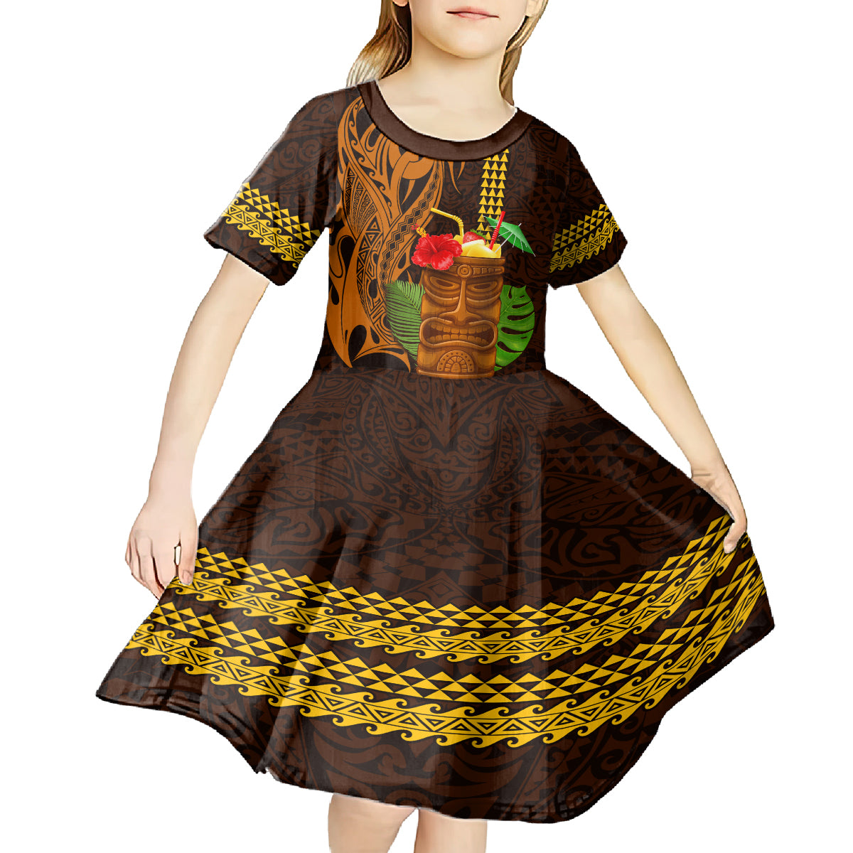 Hawaii Tiki Mask Cocktail Kid Short Sleeve Dress Kakau Tattoo LT03 - Polynesian Pride