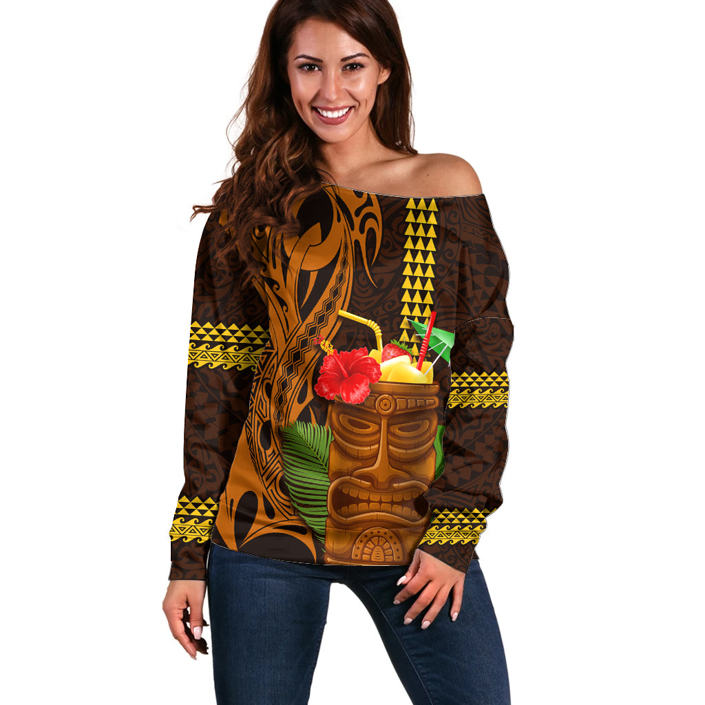 Hawaii Tiki Mask Cocktail Off Shoulder Sweater Kakau Tattoo LT03 Women Brown - Polynesian Pride