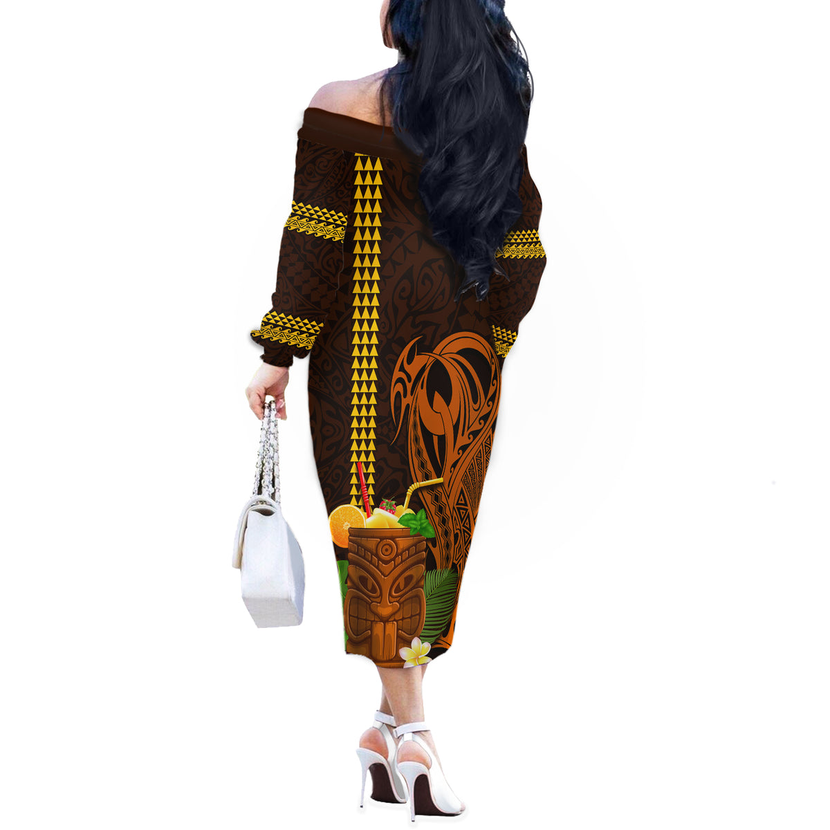 Hawaii Tiki Mask Cocktail Off The Shoulder Long Sleeve Dress Kakau Tattoo LT03 - Polynesian Pride