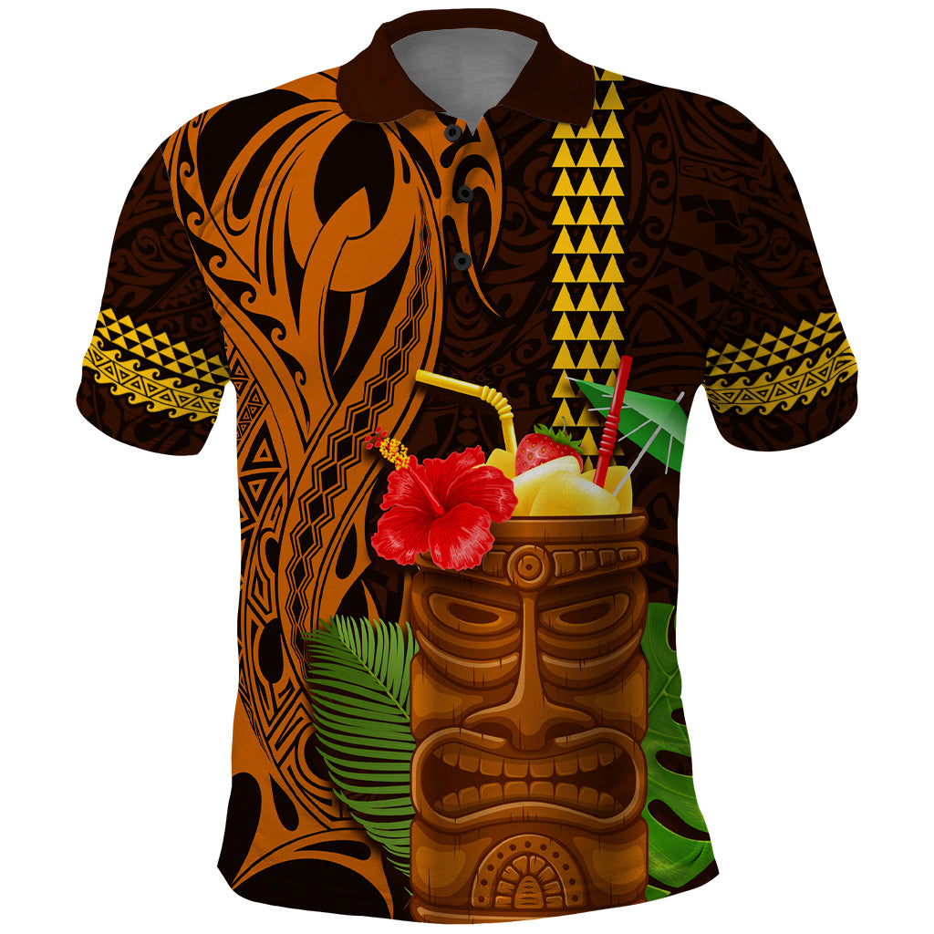 Hawaii Tiki Mask Cocktail Polo Shirt Kakau Tattoo LT03 Brown - Polynesian Pride