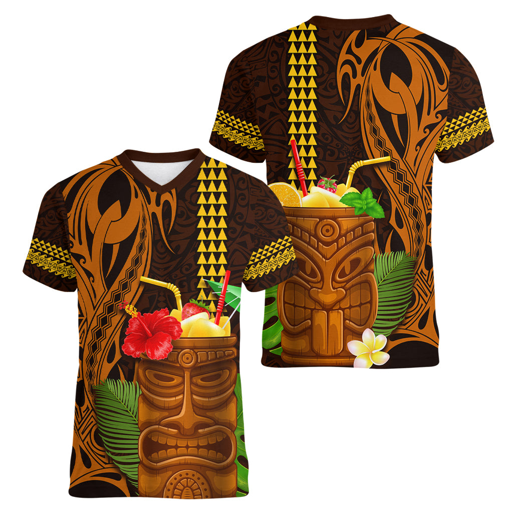 Hawaii Tiki Mask Cocktail Women V Neck T Shirt Kakau Tattoo LT03 - Polynesian Pride