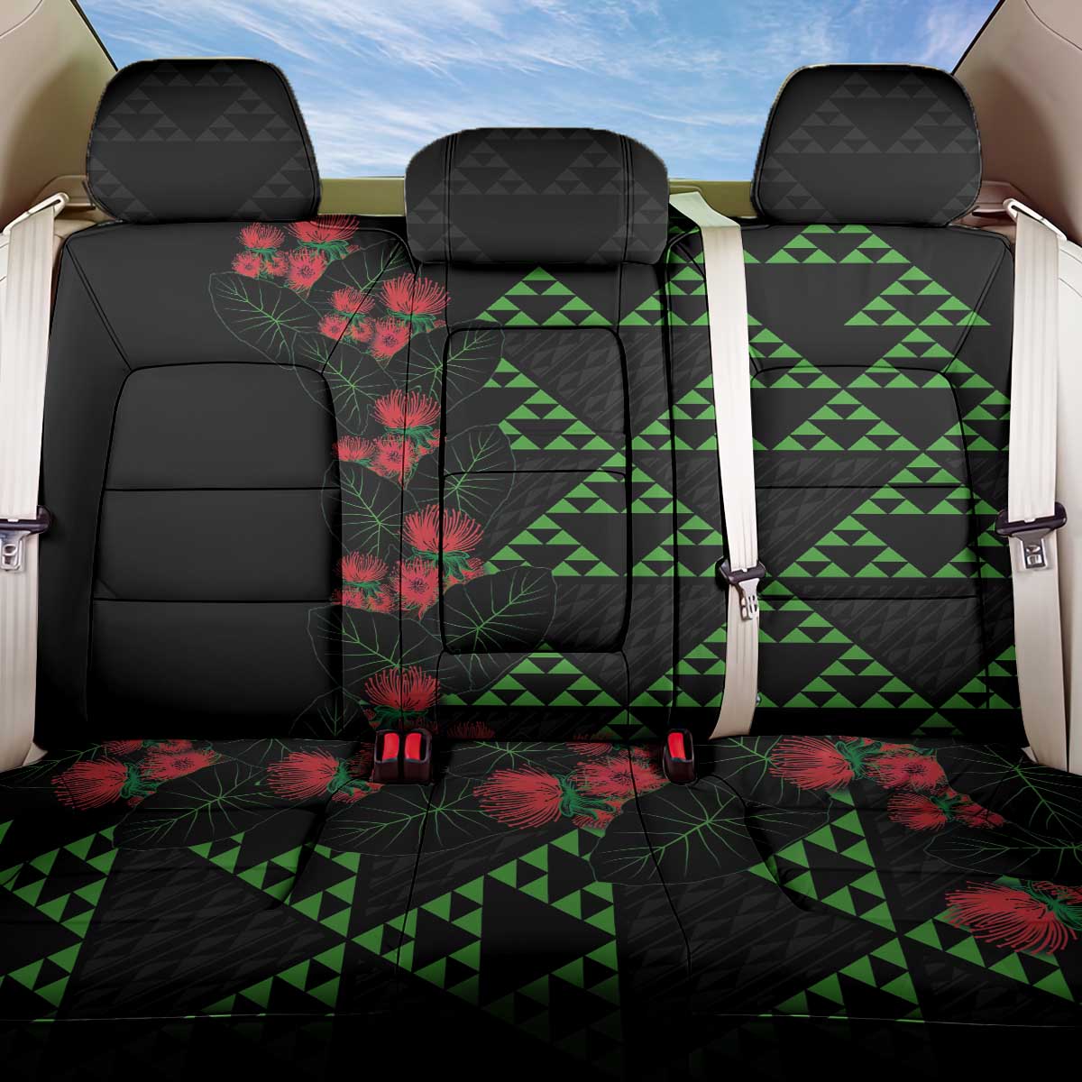 Hawaiian Green Kakau Art Tattoo-Ohia Lehua and Taro Leaves Back Car Seat Cover