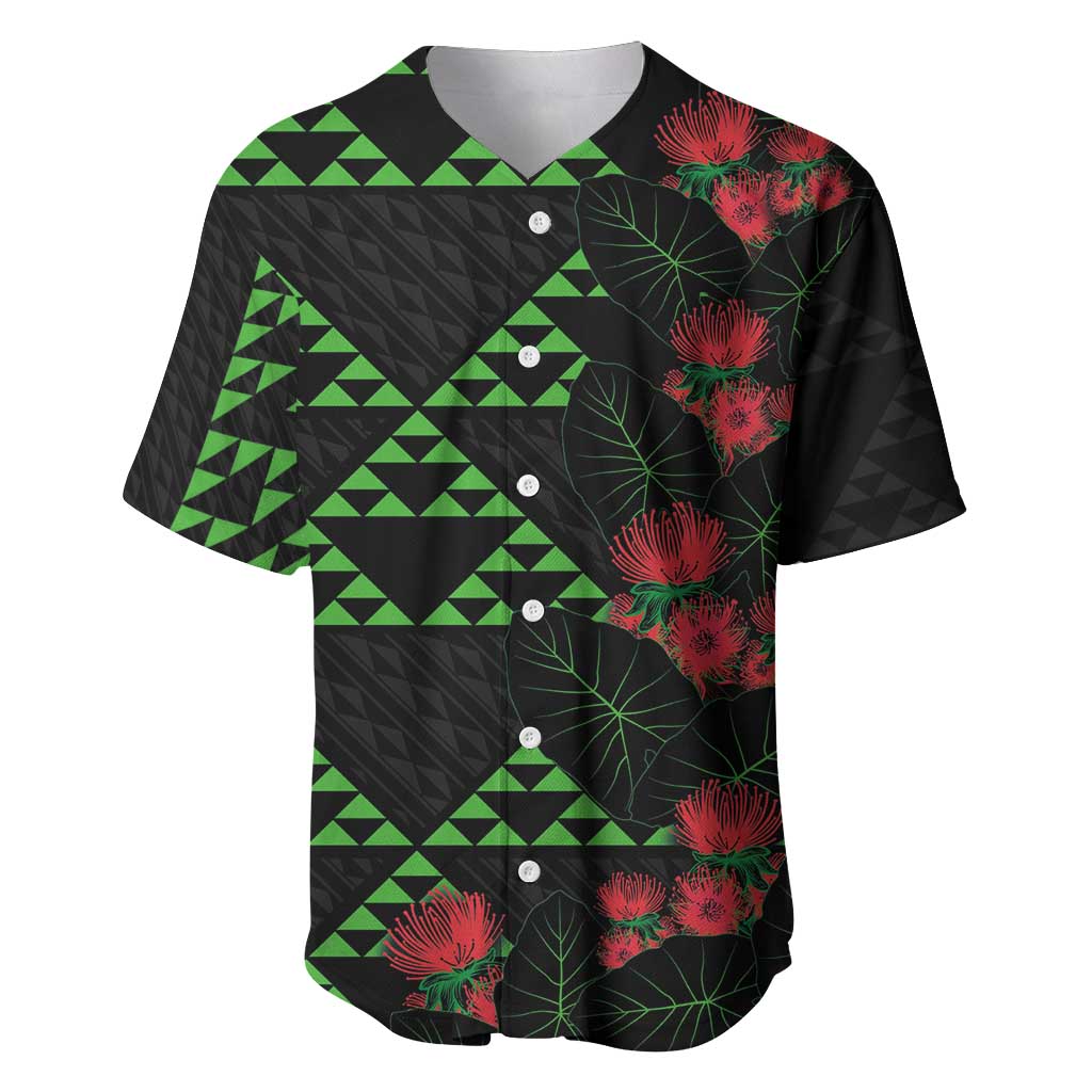 Hawaiian Green Kakau Art Tattoo-Ohia Lehua and Taro Leaves Baseball Jersey