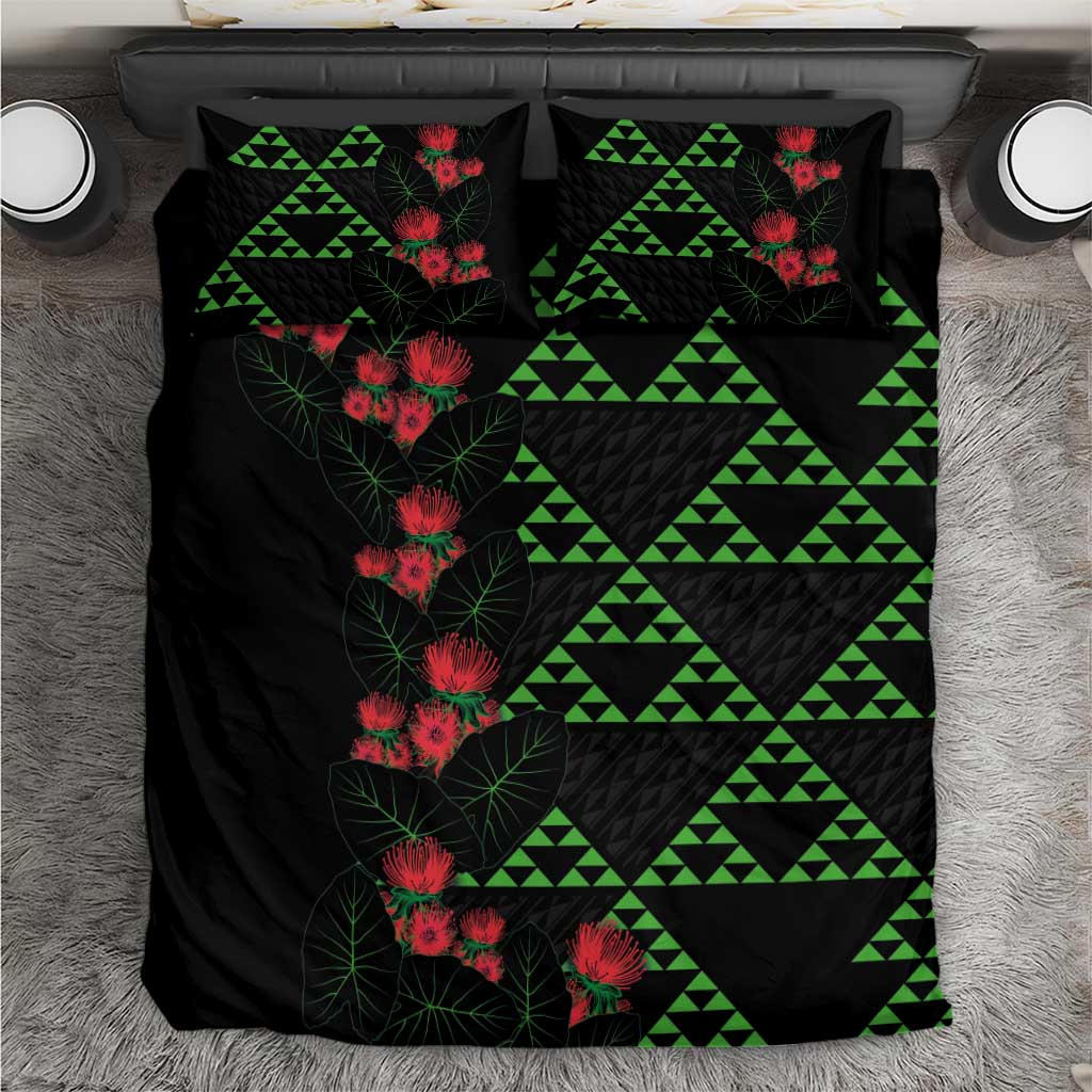 Hawaiian Green Kakau Art Tattoo-Ohia Lehua and Taro Leaves Bedding Set