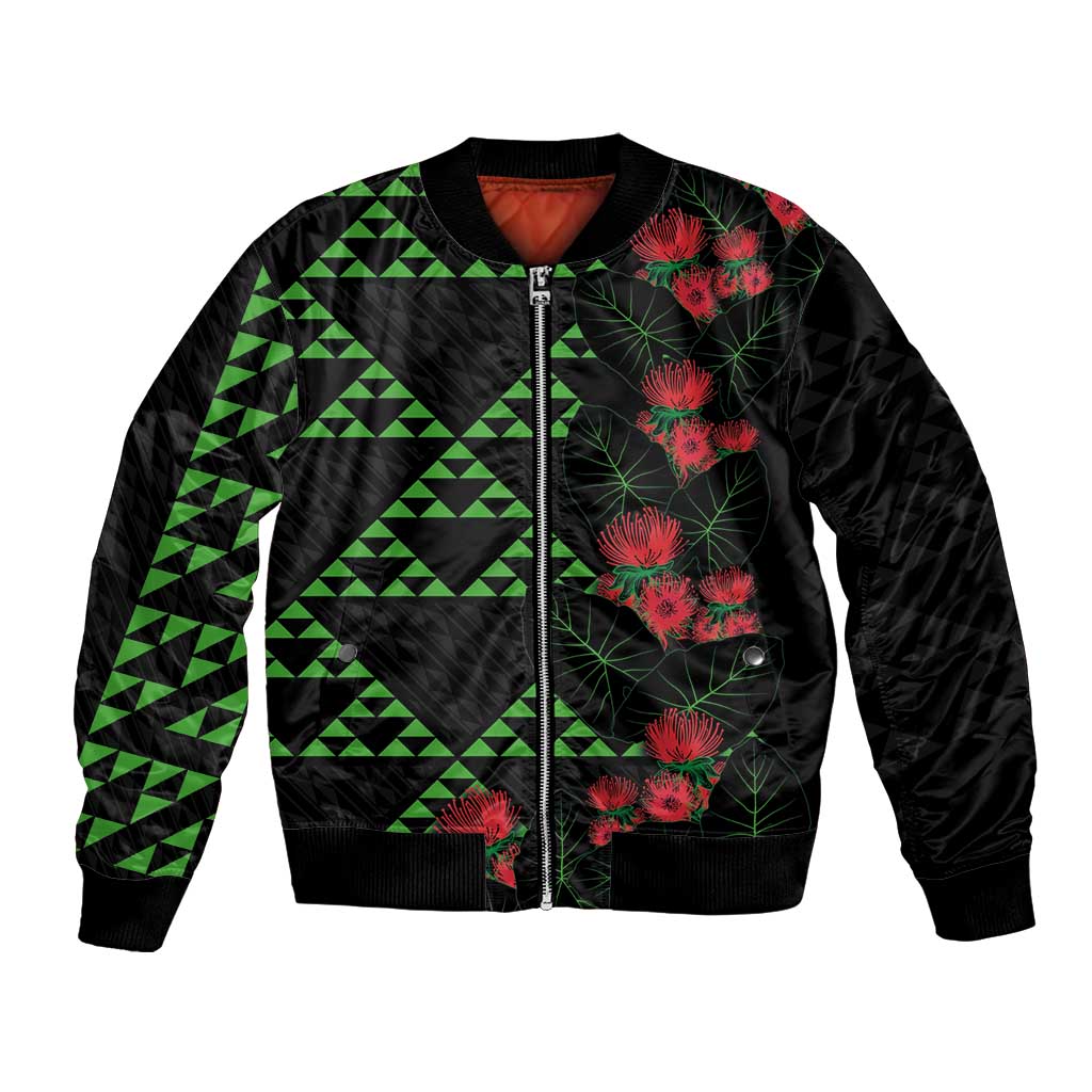 Hawaiian Green Kakau Art Tattoo-Ohia Lehua and Taro Leaves Bomber Jacket