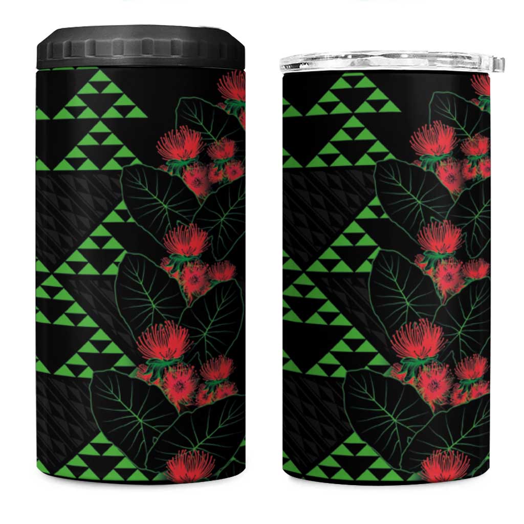 Hawaiian Green Kakau Art Tattoo-Ohia Lehua and Taro Leaves 4 in 1 Can Cooler Tumbler