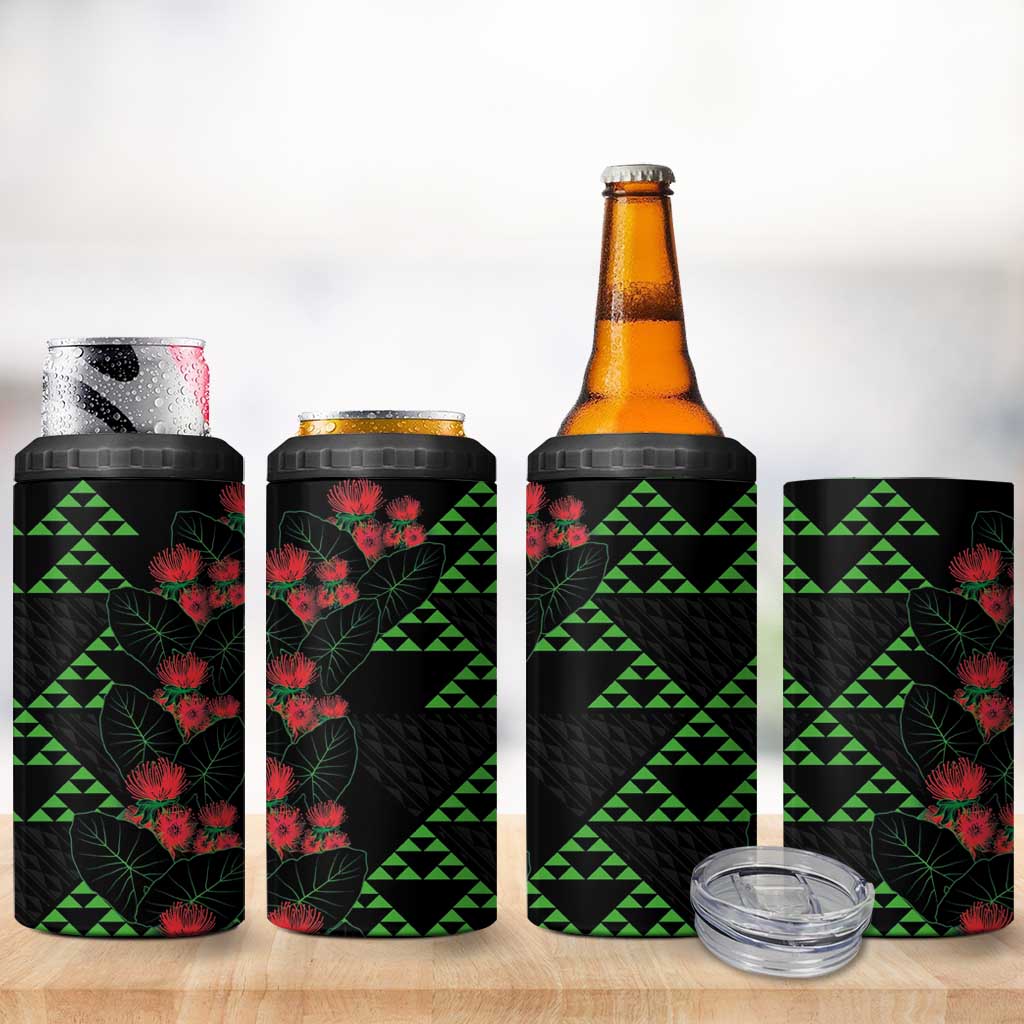Hawaiian Green Kakau Art Tattoo-Ohia Lehua and Taro Leaves 4 in 1 Can Cooler Tumbler
