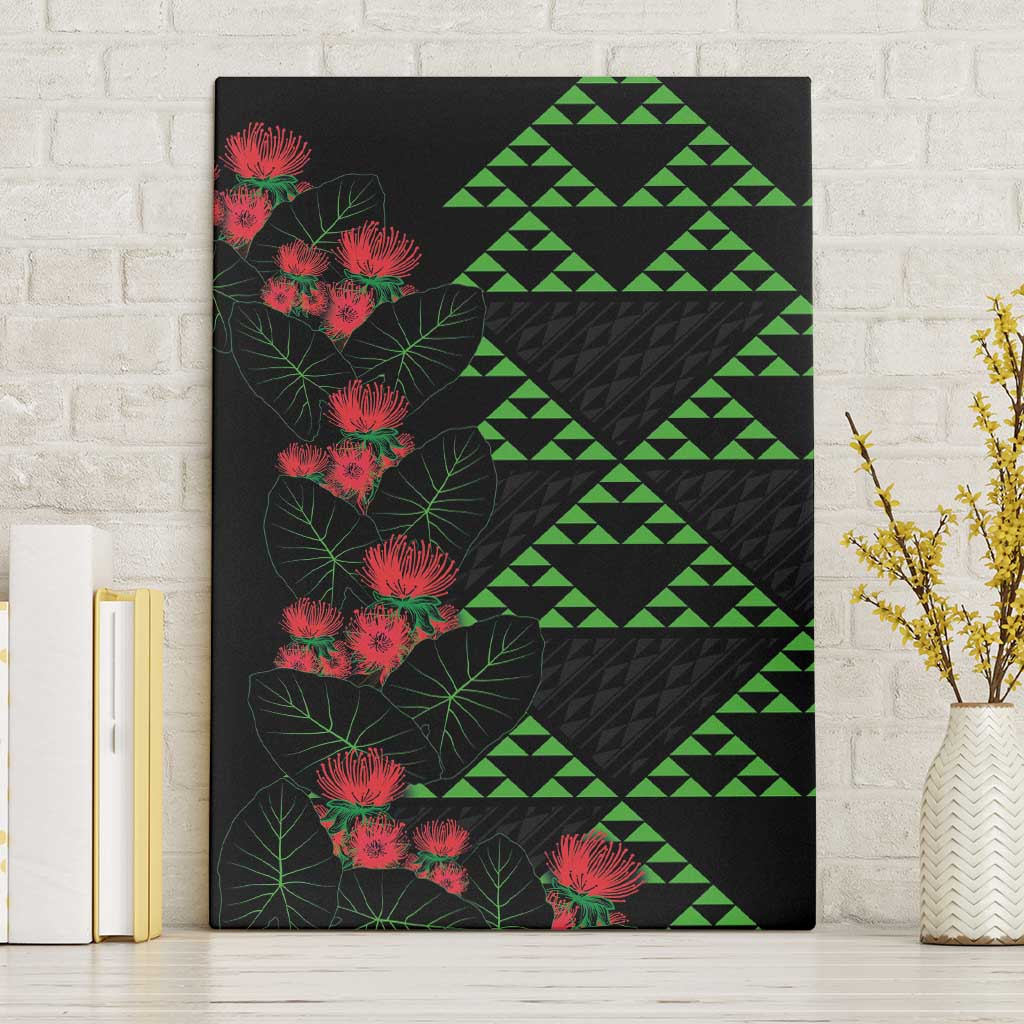 Hawaiian Green Kakau Art Tattoo-Ohia Lehua and Taro Leaves Canvas Wall Art