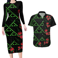 Hawaiian Green Kakau Art Tattoo-Ohia Lehua and Taro Leaves Couples Matching Long Sleeve Bodycon Dress and Hawaiian Shirt
