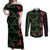 Hawaiian Green Kakau Art Tattoo-Ohia Lehua and Taro Leaves Couples Matching Off Shoulder Maxi Dress and Long Sleeve Button Shirt