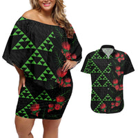Hawaiian Green Kakau Art Tattoo-Ohia Lehua and Taro Leaves Couples Matching Off Shoulder Short Dress and Hawaiian Shirt