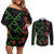 Hawaiian Green Kakau Art Tattoo-Ohia Lehua and Taro Leaves Couples Matching Off Shoulder Short Dress and Long Sleeve Button Shirt