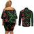 Hawaiian Green Kakau Art Tattoo-Ohia Lehua and Taro Leaves Couples Matching Off Shoulder Short Dress and Long Sleeve Button Shirt