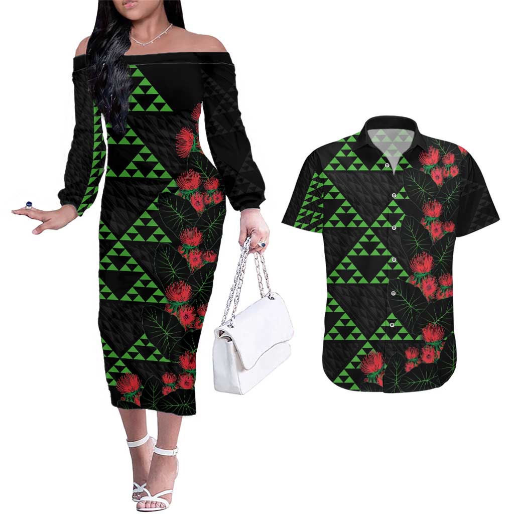Hawaiian Green Kakau Art Tattoo-Ohia Lehua and Taro Leaves Couples Matching Off The Shoulder Long Sleeve Dress and Hawaiian Shirt