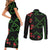 Hawaiian Green Kakau Art Tattoo-Ohia Lehua and Taro Leaves Couples Matching Short Sleeve Bodycon Dress and Long Sleeve Button Shirt