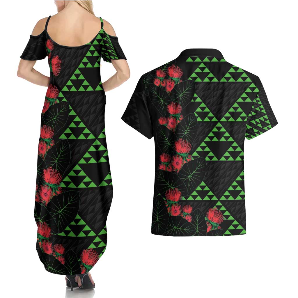 Hawaiian Green Kakau Art Tattoo-Ohia Lehua and Taro Leaves Couples Matching Summer Maxi Dress and Hawaiian Shirt