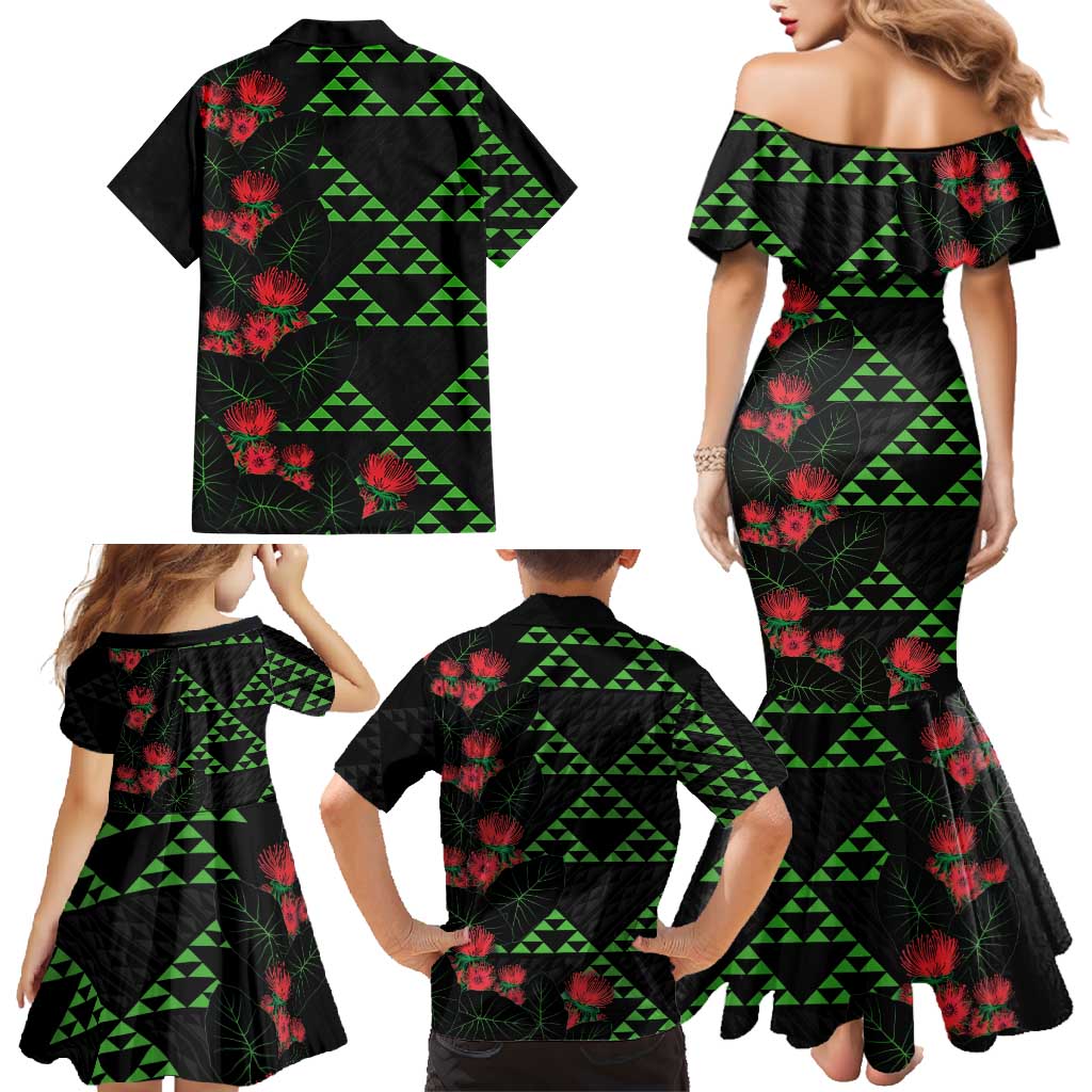 Hawaiian Green Kakau Art Tattoo-Ohia Lehua and Taro Leaves Family Matching Mermaid Dress and Hawaiian Shirt