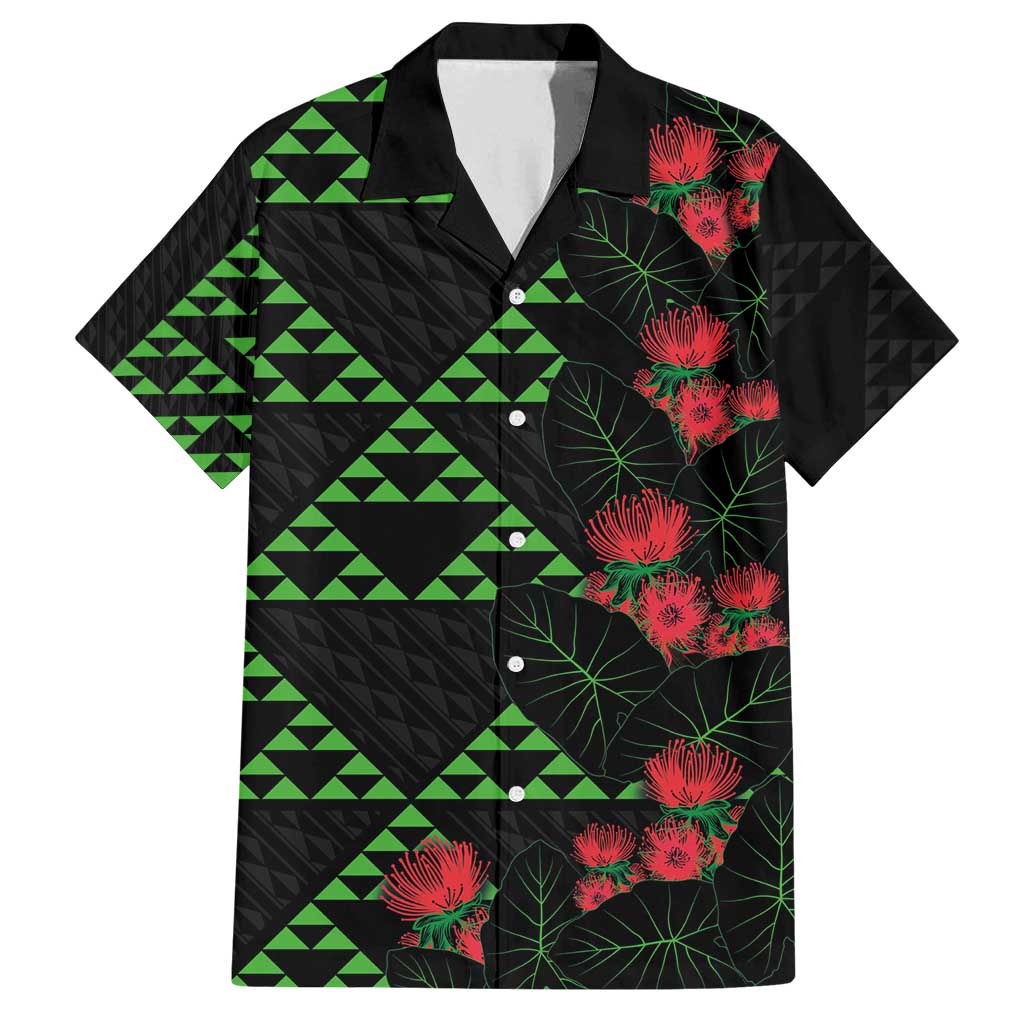 Hawaiian Green Kakau Art Tattoo-Ohia Lehua and Taro Leaves Family Matching Off Shoulder Maxi Dress and Hawaiian Shirt