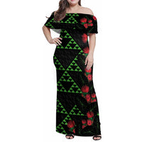 Hawaiian Green Kakau Art Tattoo-Ohia Lehua and Taro Leaves Family Matching Off Shoulder Maxi Dress and Hawaiian Shirt