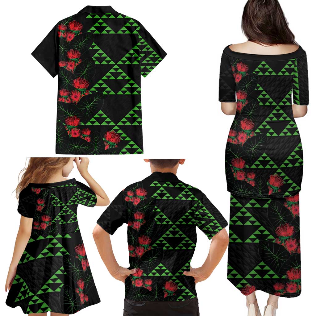 Hawaiian Green Kakau Art Tattoo-Ohia Lehua and Taro Leaves Family Matching Puletasi and Hawaiian Shirt