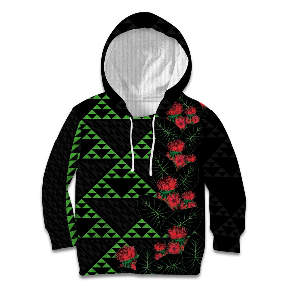 Hawaiian Green Kakau Art Tattoo-Ohia Lehua and Taro Leaves Kid Hoodie