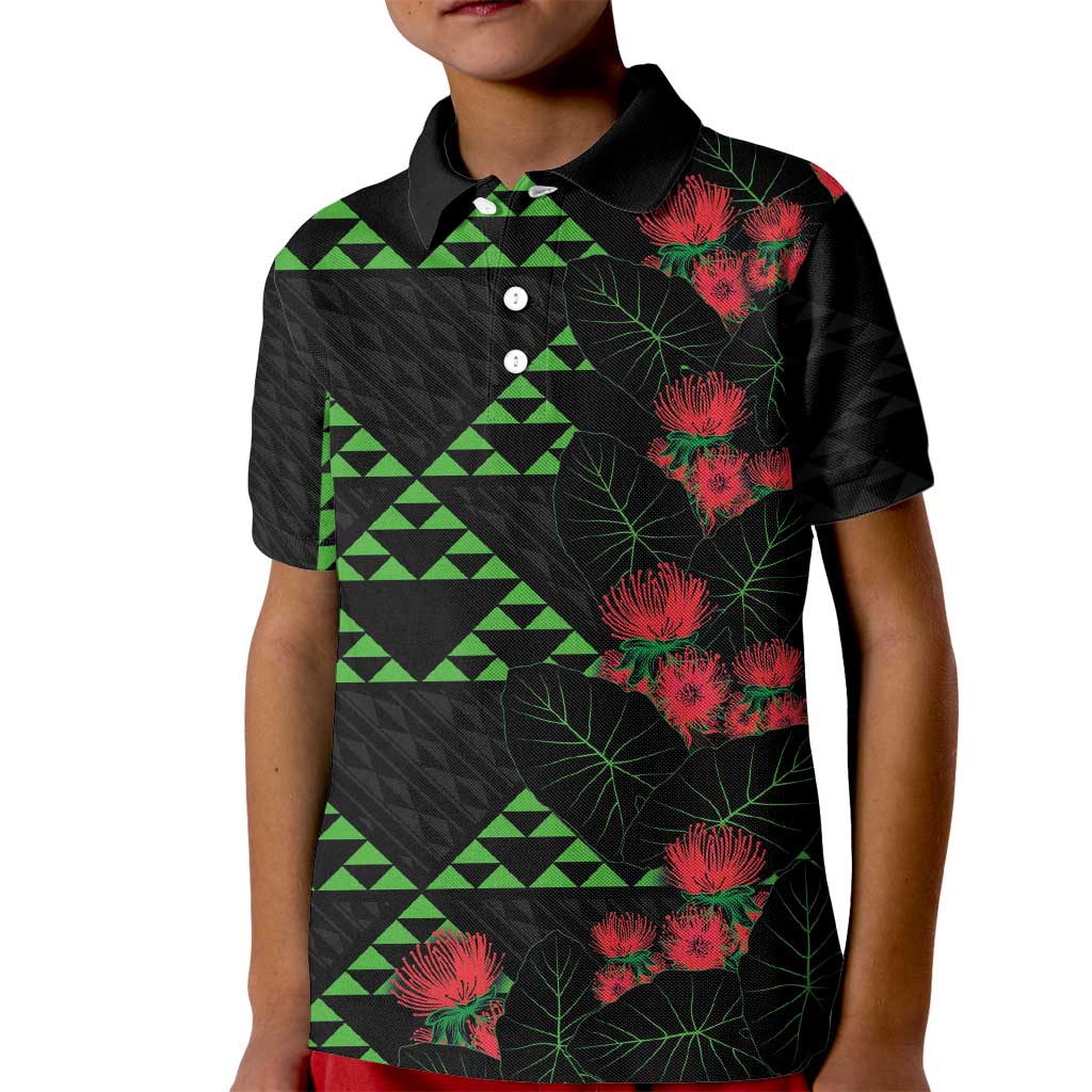 Hawaiian Green Kakau Art Tattoo-Ohia Lehua and Taro Leaves Kid Polo Shirt