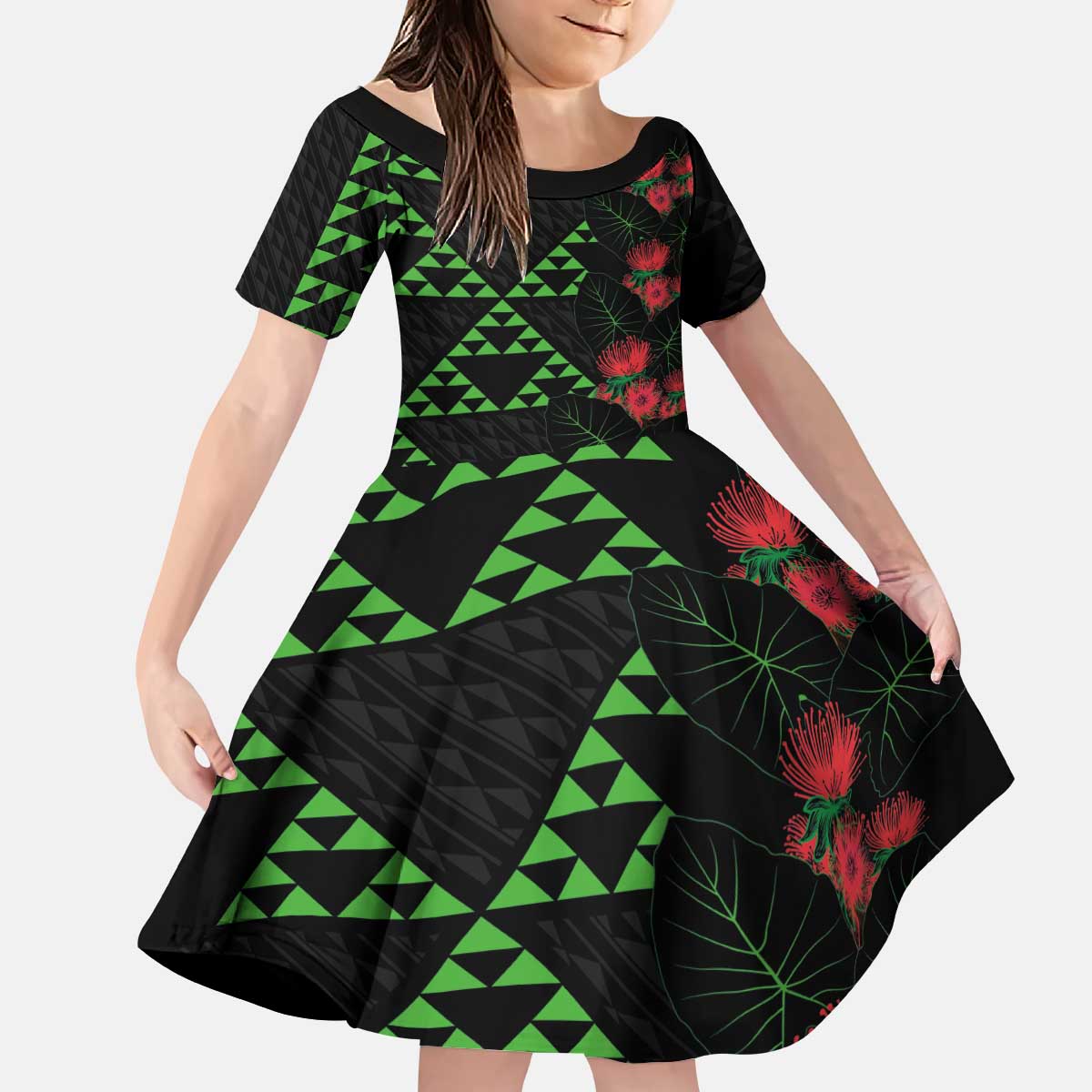 Hawaiian Green Kakau Art Tattoo-Ohia Lehua and Taro Leaves Kid Short Sleeve Dress LT03 KID Black-Green - Polynesian Pride
