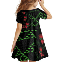 Hawaiian Green Kakau Art Tattoo-Ohia Lehua and Taro Leaves Kid Short Sleeve Dress LT03 - Polynesian Pride