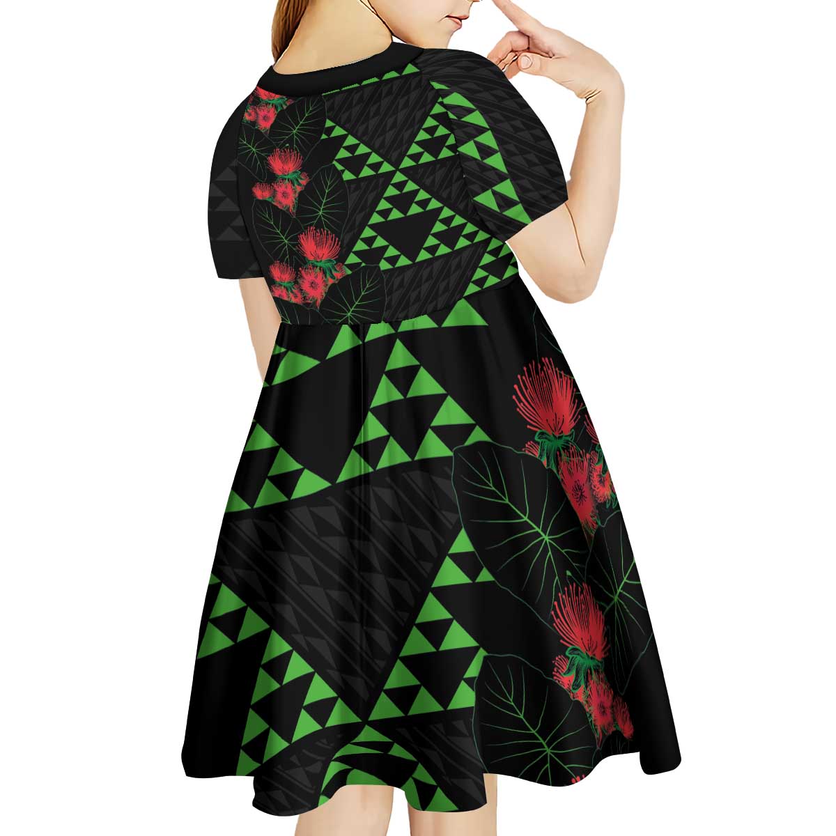 Hawaiian Green Kakau Art Tattoo-Ohia Lehua and Taro Leaves Kid Short Sleeve Dress LT03 - Polynesian Pride