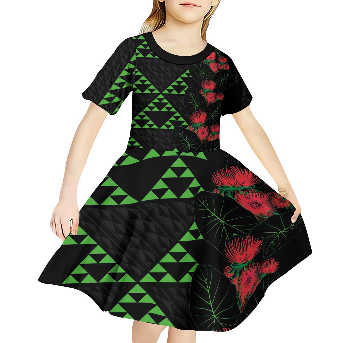 Hawaiian Green Kakau Art Tattoo-Ohia Lehua and Taro Leaves Kid Short Sleeve Dress LT03 - Polynesian Pride