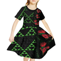 Hawaiian Green Kakau Art Tattoo-Ohia Lehua and Taro Leaves Kid Short Sleeve Dress LT03 - Polynesian Pride