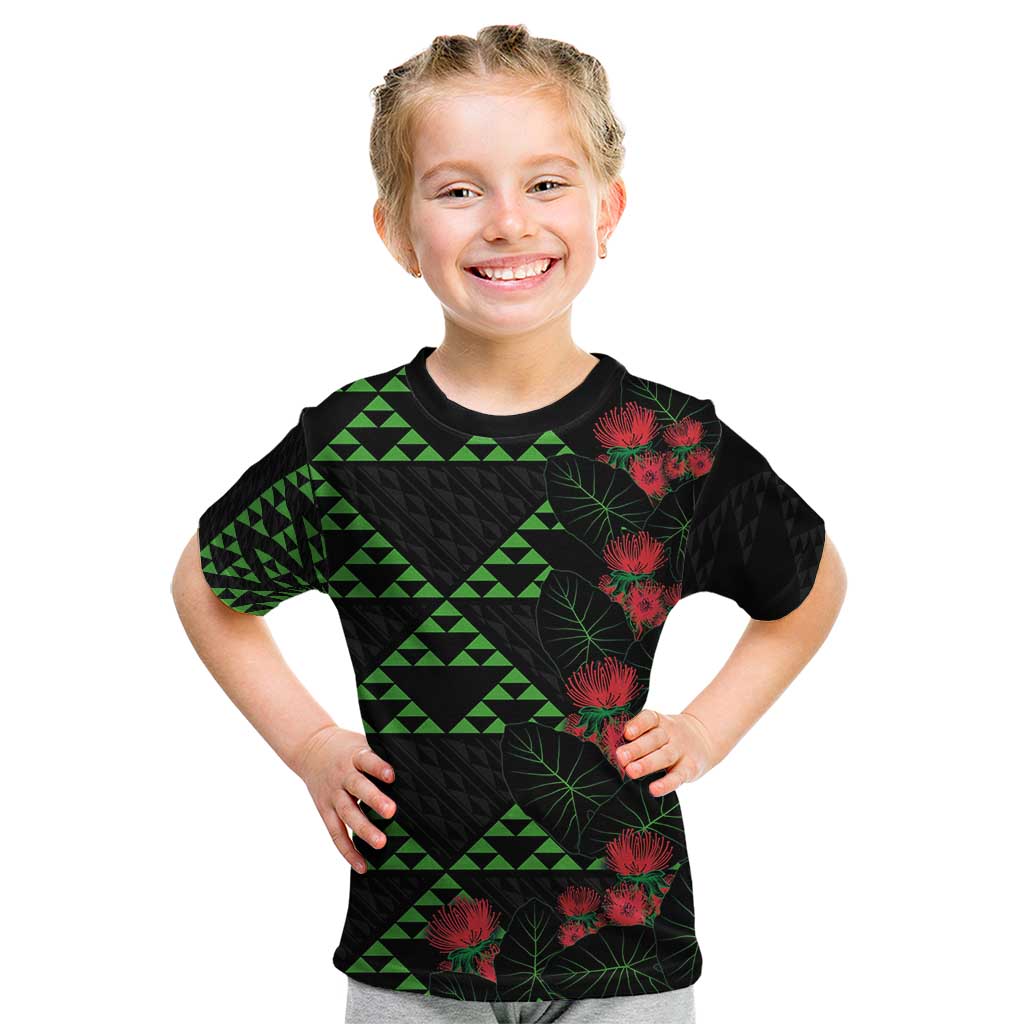 Hawaiian Green Kakau Art Tattoo-Ohia Lehua and Taro Leaves Kid T Shirt