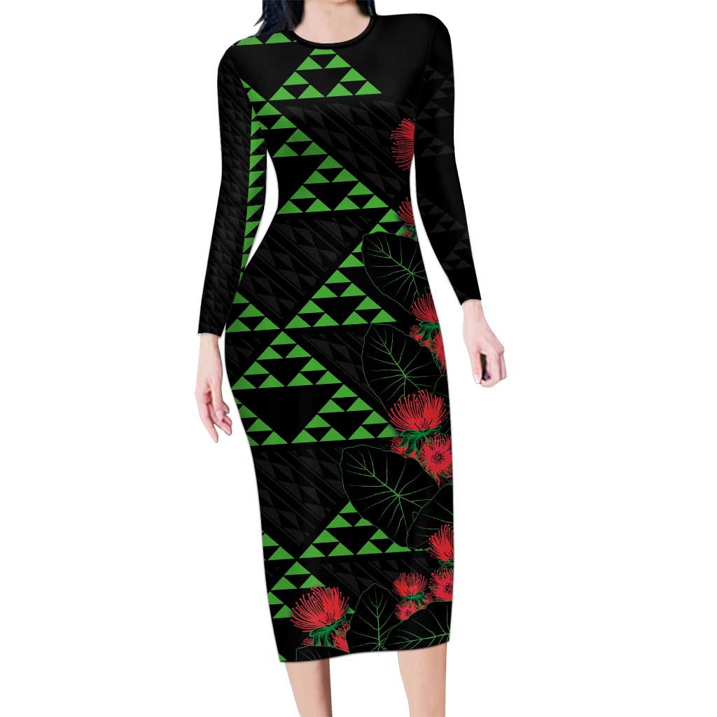 Hawaiian Green Kakau Art Tattoo-Ohia Lehua and Taro Leaves Long Sleeve Bodycon Dress