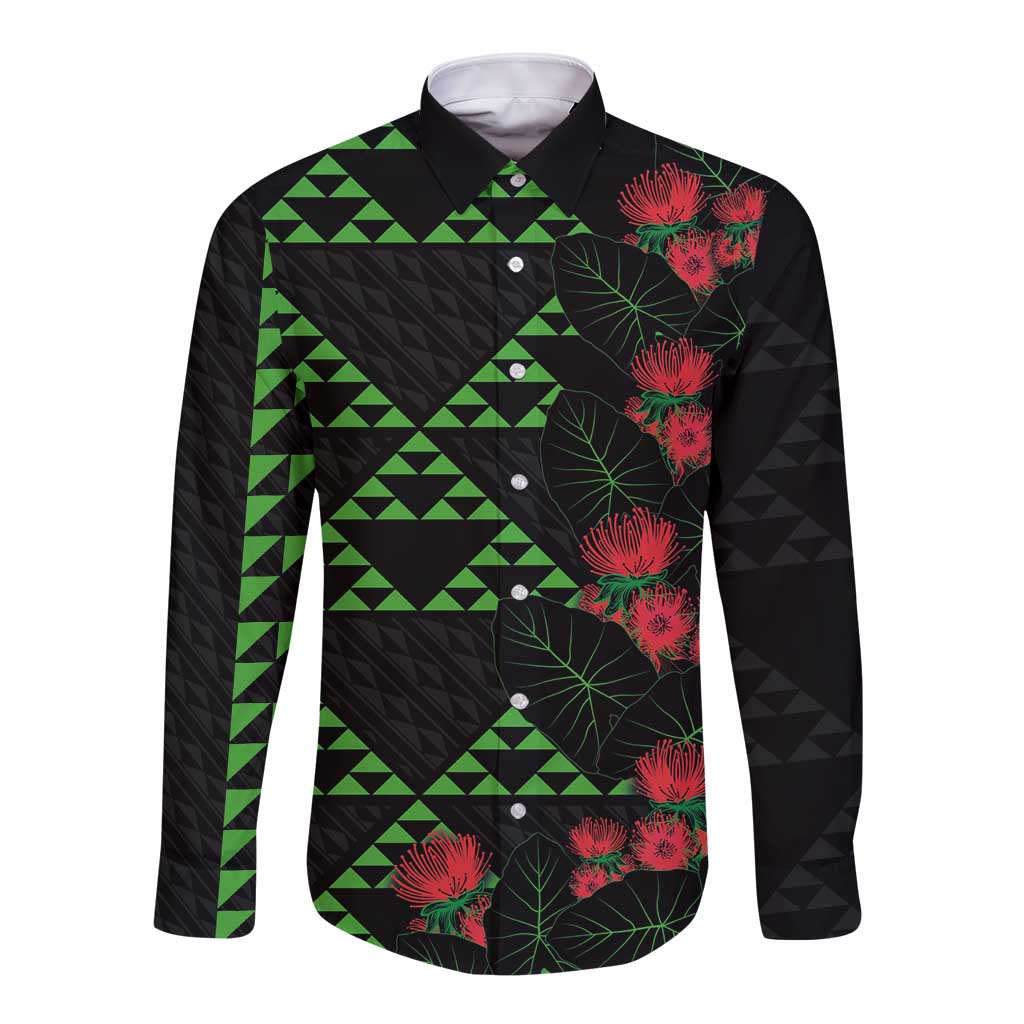 Hawaiian Green Kakau Art Tattoo-Ohia Lehua and Taro Leaves Long Sleeve Button Shirt