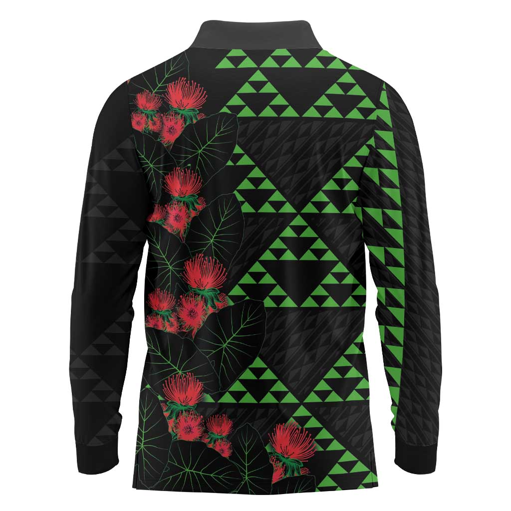 Hawaiian Green Kakau Art Tattoo-Ohia Lehua and Taro Leaves Long Sleeve Polo Shirt LT03 - Polynesian Pride
