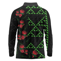 Hawaiian Green Kakau Art Tattoo-Ohia Lehua and Taro Leaves Long Sleeve Polo Shirt LT03 - Polynesian Pride