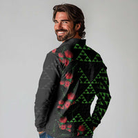 Hawaiian Green Kakau Art Tattoo-Ohia Lehua and Taro Leaves Long Sleeve Polo Shirt LT03 - Polynesian Pride