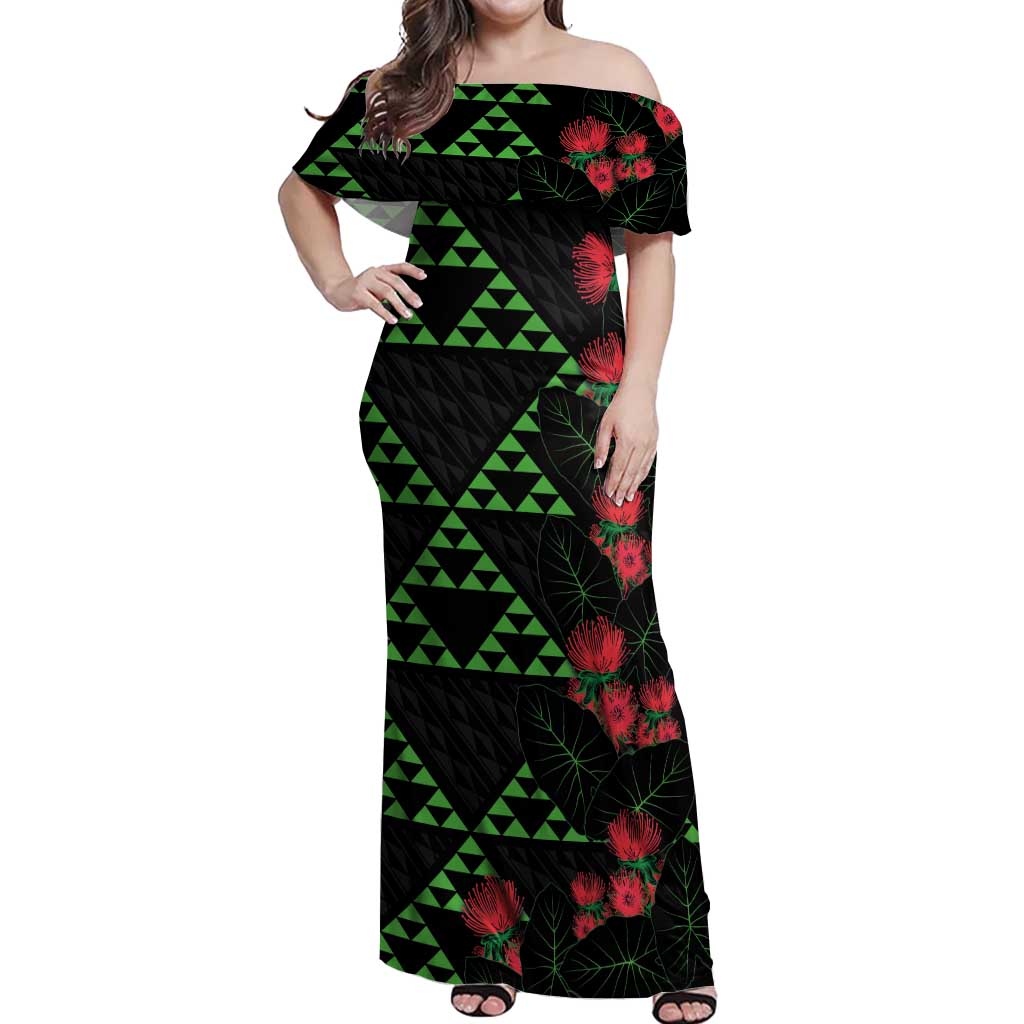 Hawaiian Green Kakau Art Tattoo-Ohia Lehua and Taro Leaves Off Shoulder Maxi Dress