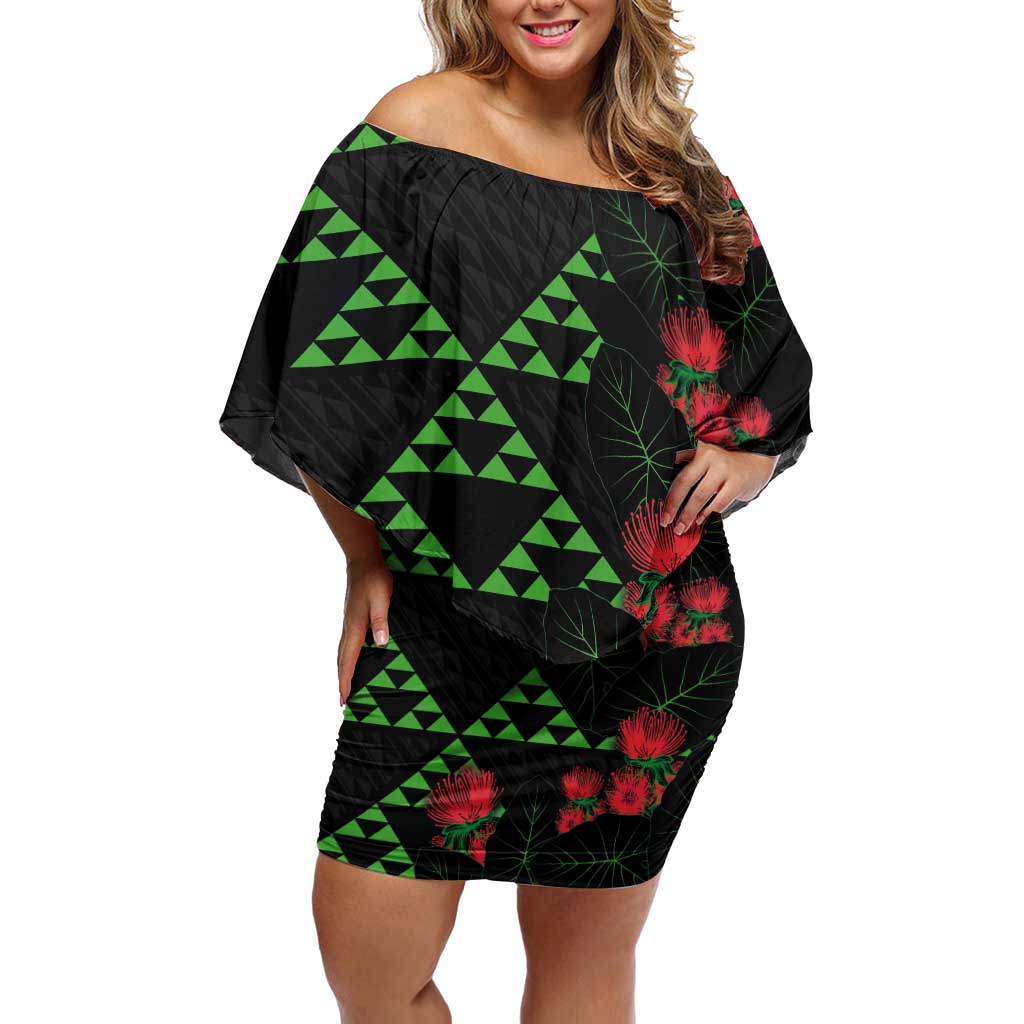 Hawaiian Green Kakau Art Tattoo-Ohia Lehua and Taro Leaves Off Shoulder Short Dress