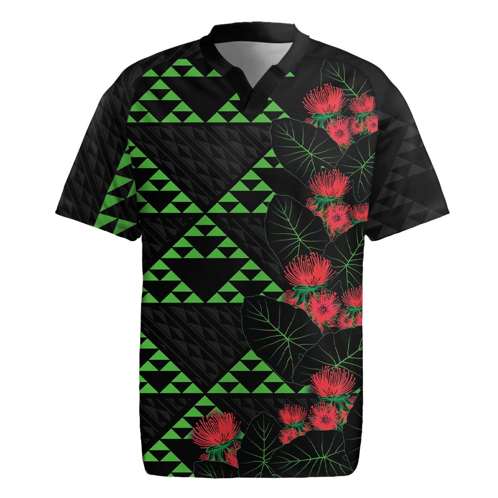 Hawaiian Green Kakau Art Tattoo-Ohia Lehua and Taro Leaves Rugby Jersey