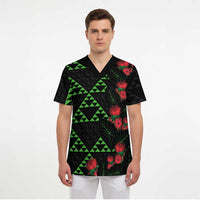 Hawaiian Green Kakau Art Tattoo-Ohia Lehua and Taro Leaves Scrub Top - Polynesian Pride