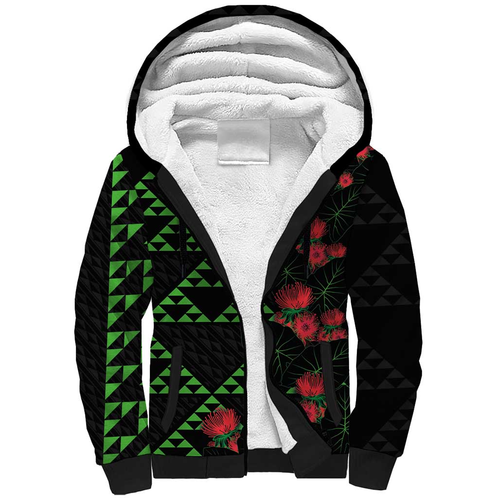 Hawaiian Green Kakau Art Tattoo-Ohia Lehua and Taro Leaves Sherpa Hoodie