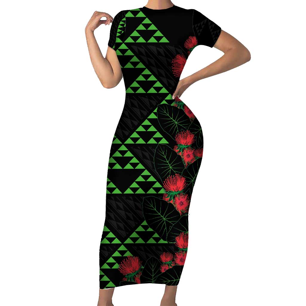 Hawaiian Green Kakau Art Tattoo-Ohia Lehua and Taro Leaves Short Sleeve Bodycon Dress