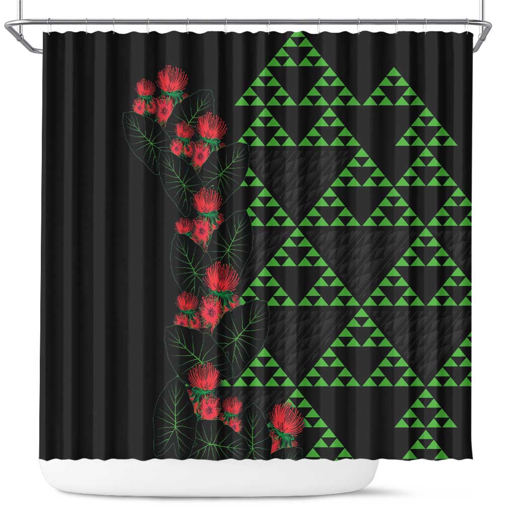 Hawaiian Green Kakau Art Tattoo-Ohia Lehua and Taro Leaves Shower Curtain