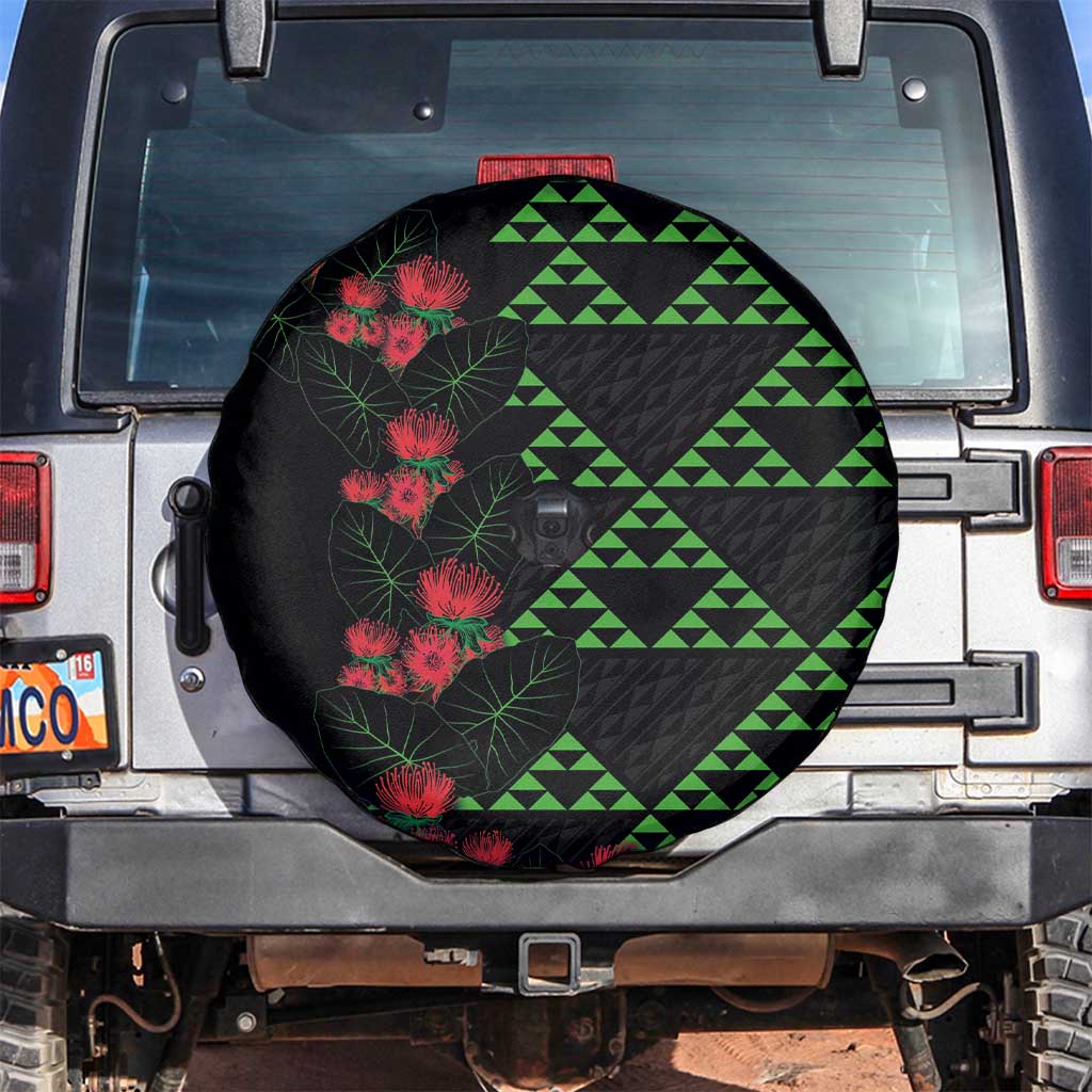 Hawaiian Green Kakau Art Tattoo-Ohia Lehua and Taro Leaves Spare Tire Cover