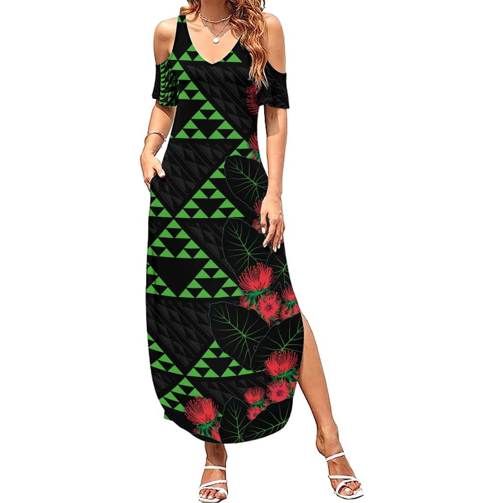 Hawaiian Green Kakau Art Tattoo-Ohia Lehua and Taro Leaves Summer Maxi Dress